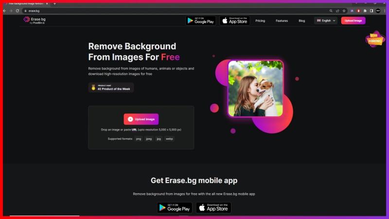 Homepage of erase.bg